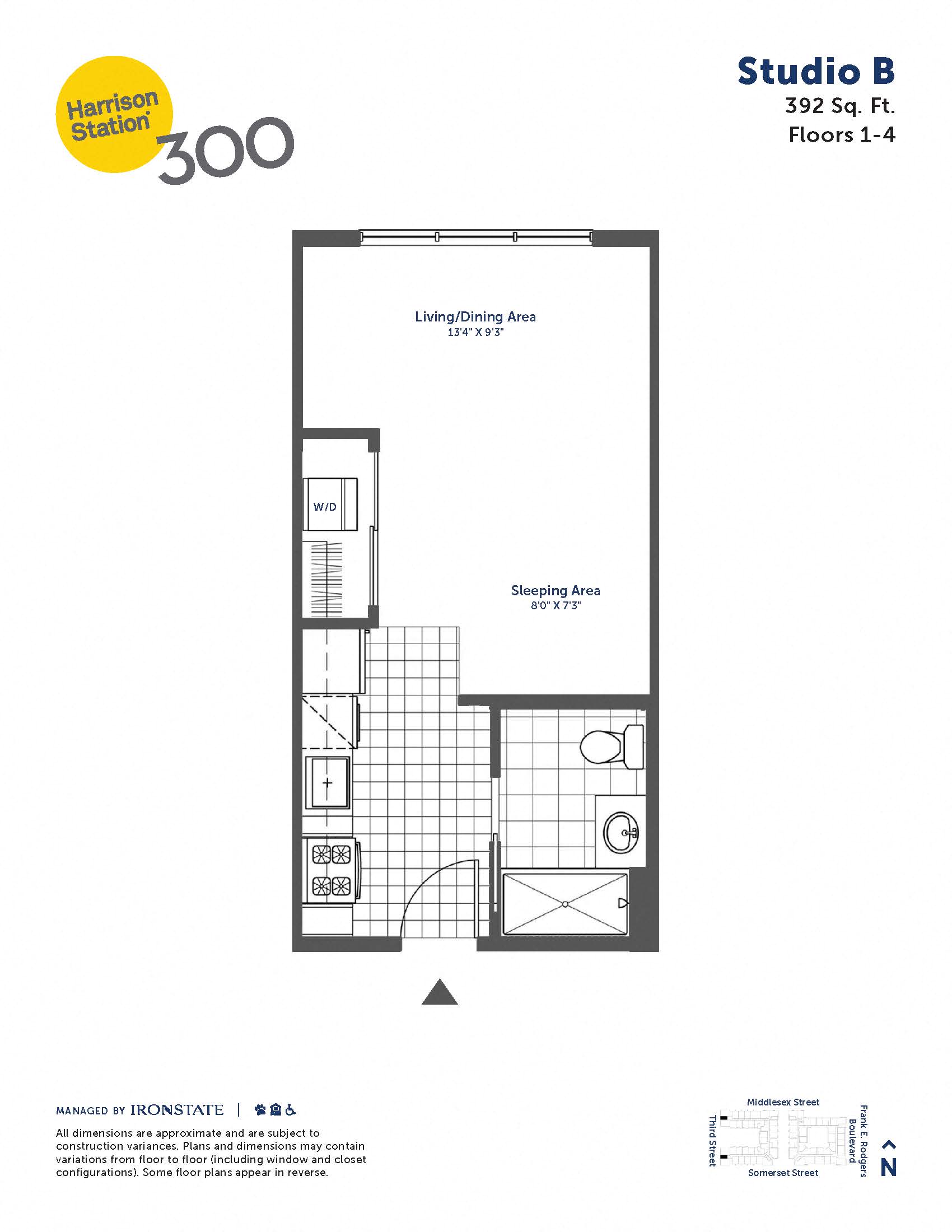 Floor plan for studio, 1 bath, 392 sqft